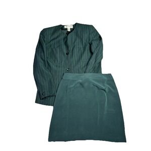 Vtg Jones New York Women 2Pc Silk/linen Skirt Suit Size 10/12 Green Striped